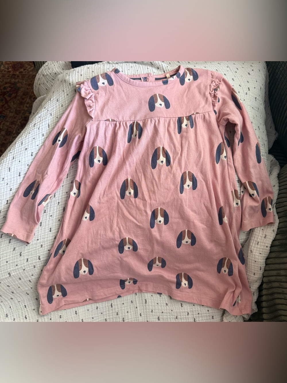 Boden Pink Dog Long Sleeve Dress with Ruffle Shoulder